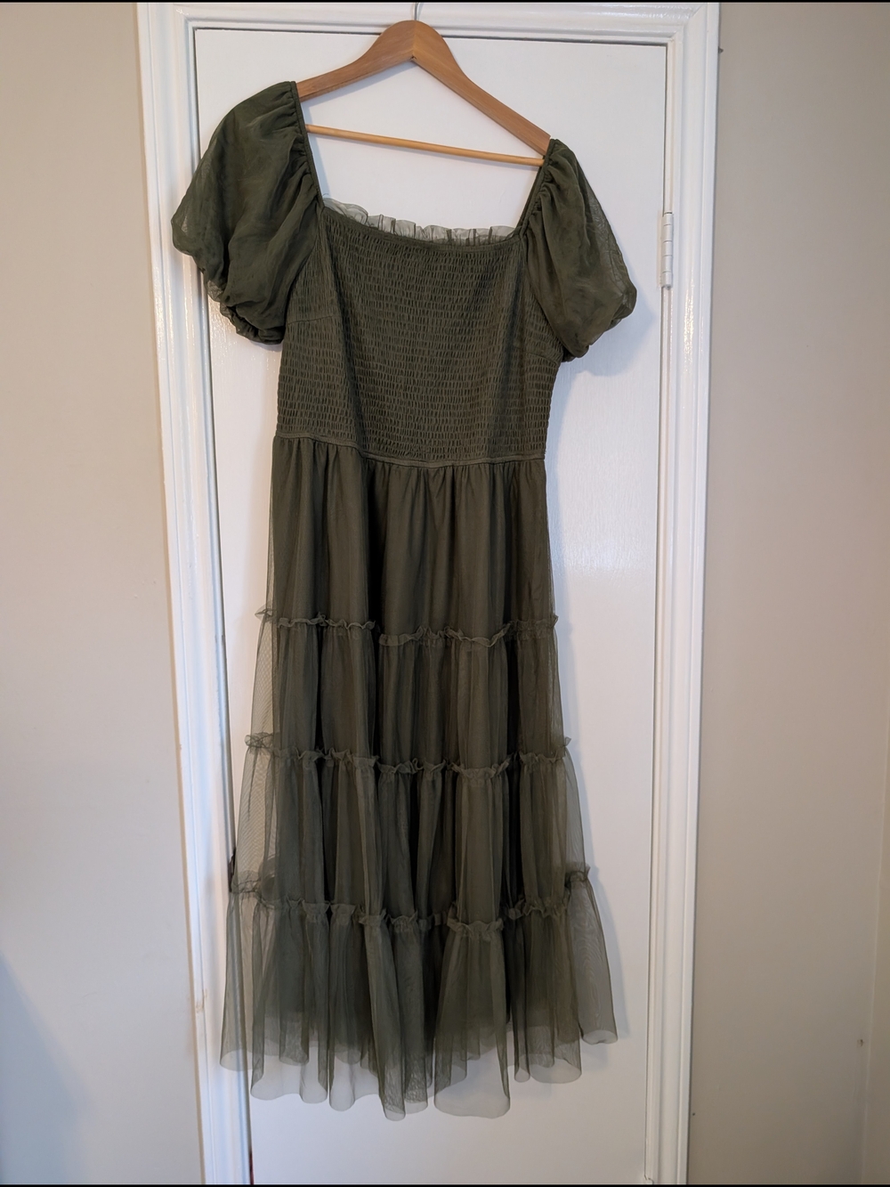 Olive Green Puff-Sleeve Tiered Maxi Dress
